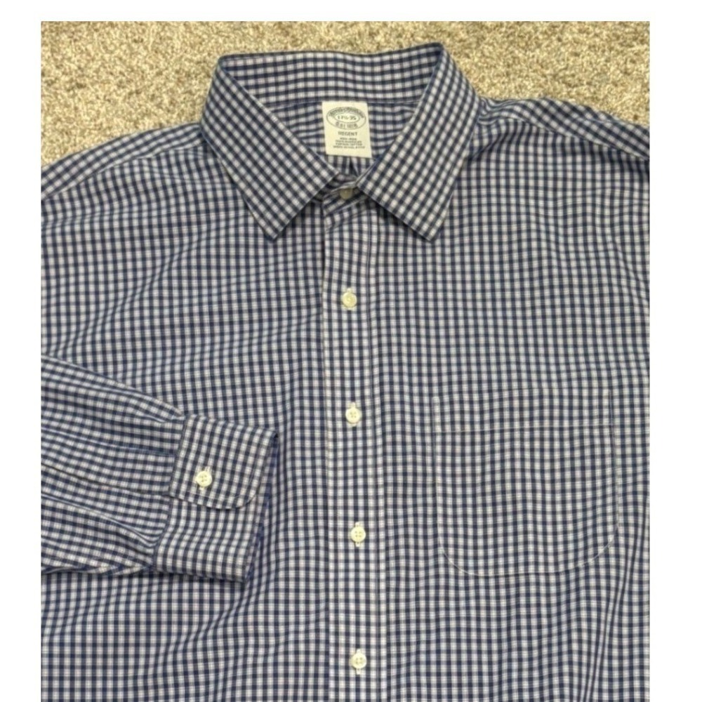 Brooks Brothers Shirt Regent Mens 17.5 35 Gingham Non-Iron Supima Cotton Blue